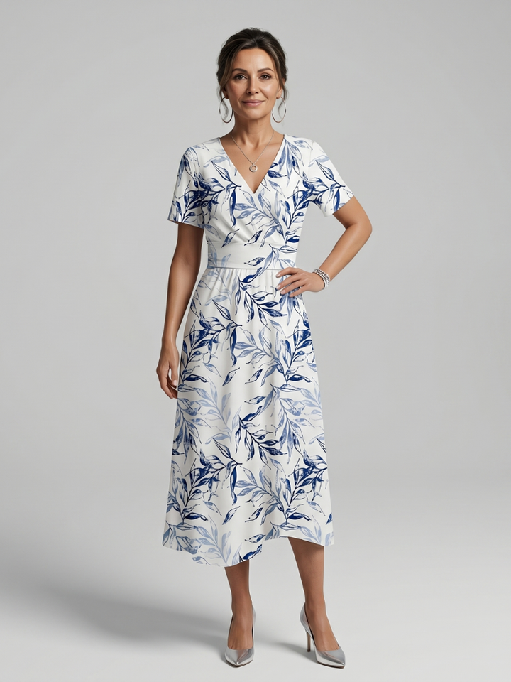 Kael - V Neck Soft Botanical Print Midi Dress