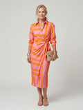 Leya - Long Sleeve Collared Wrap Stripe Pattern Midi Dress