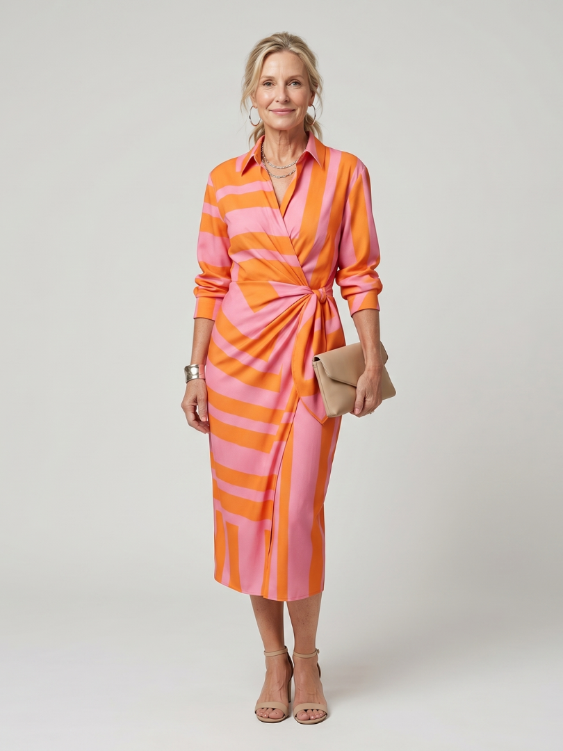 Leya - Long Sleeve Collared Wrap Stripe Pattern Midi Dress