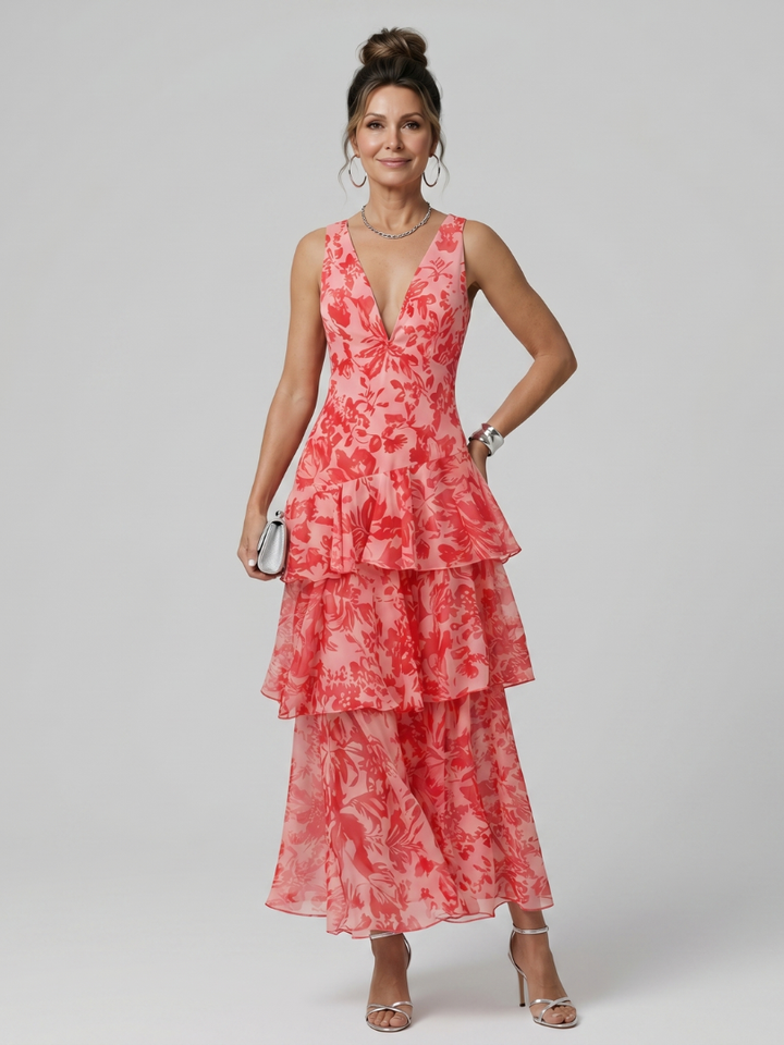 Gala - Deep V Sleeveless Painterly Pattern Midi Dress