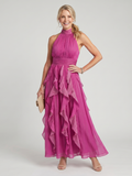 Orea - High Neck Gathered Ruffle Layers Maxi Dress