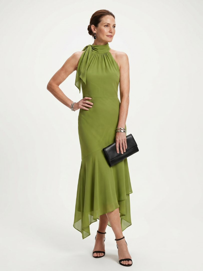 Winifred - Draped Halter Keyhole Midi Dress