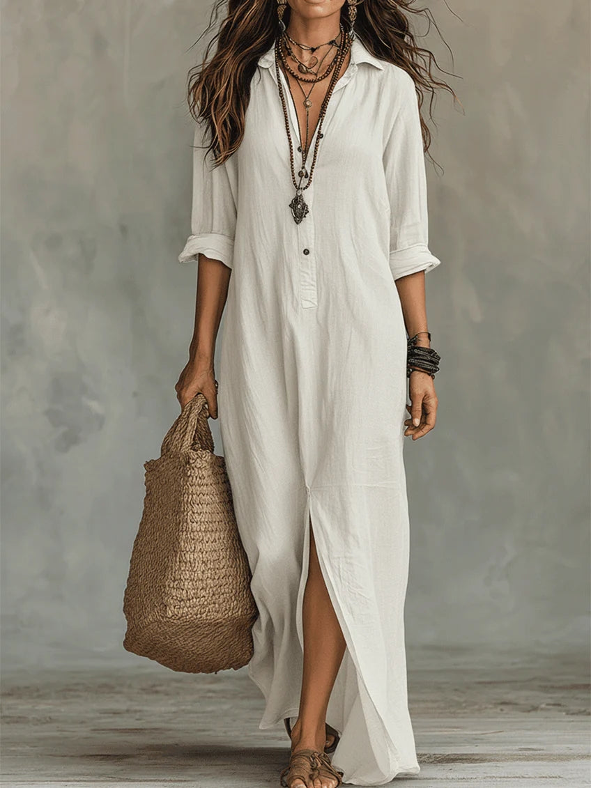 Soline - Loose Black Maxi Dress with Buttons