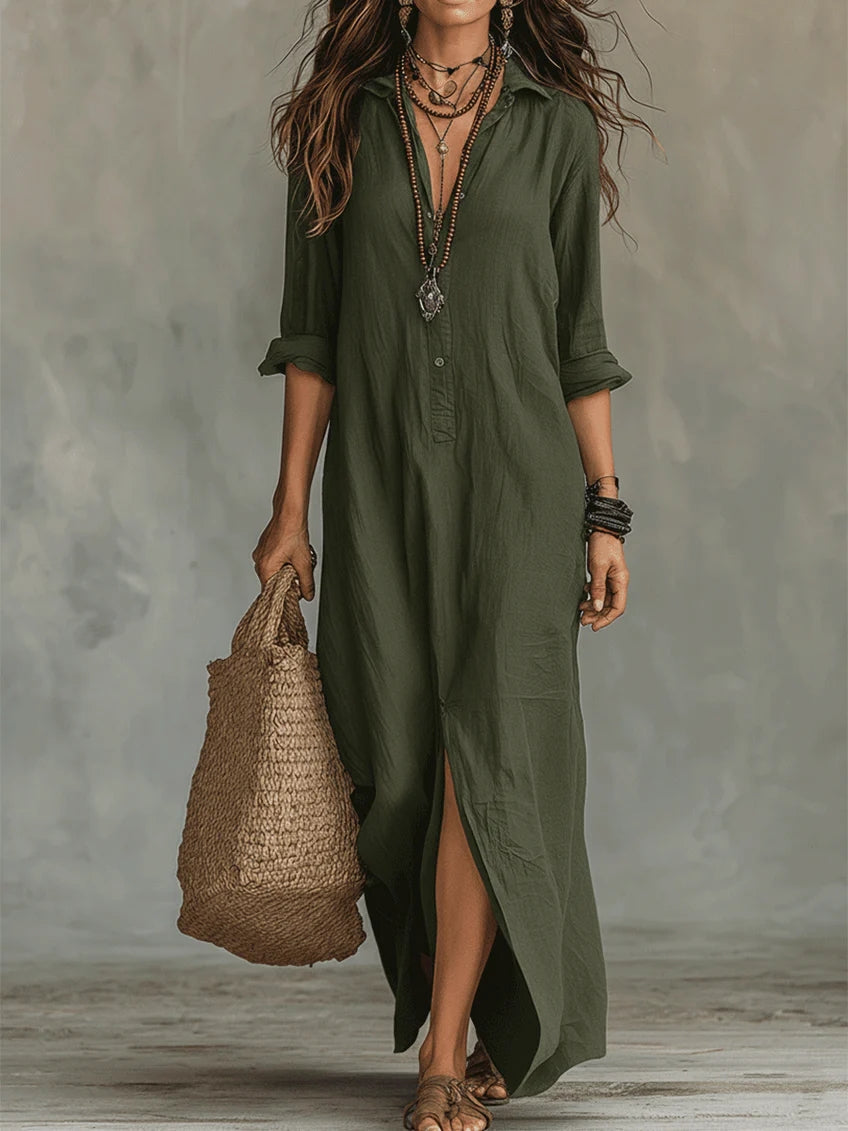 Soline - Oversized Black Maxi Dress with Buttons