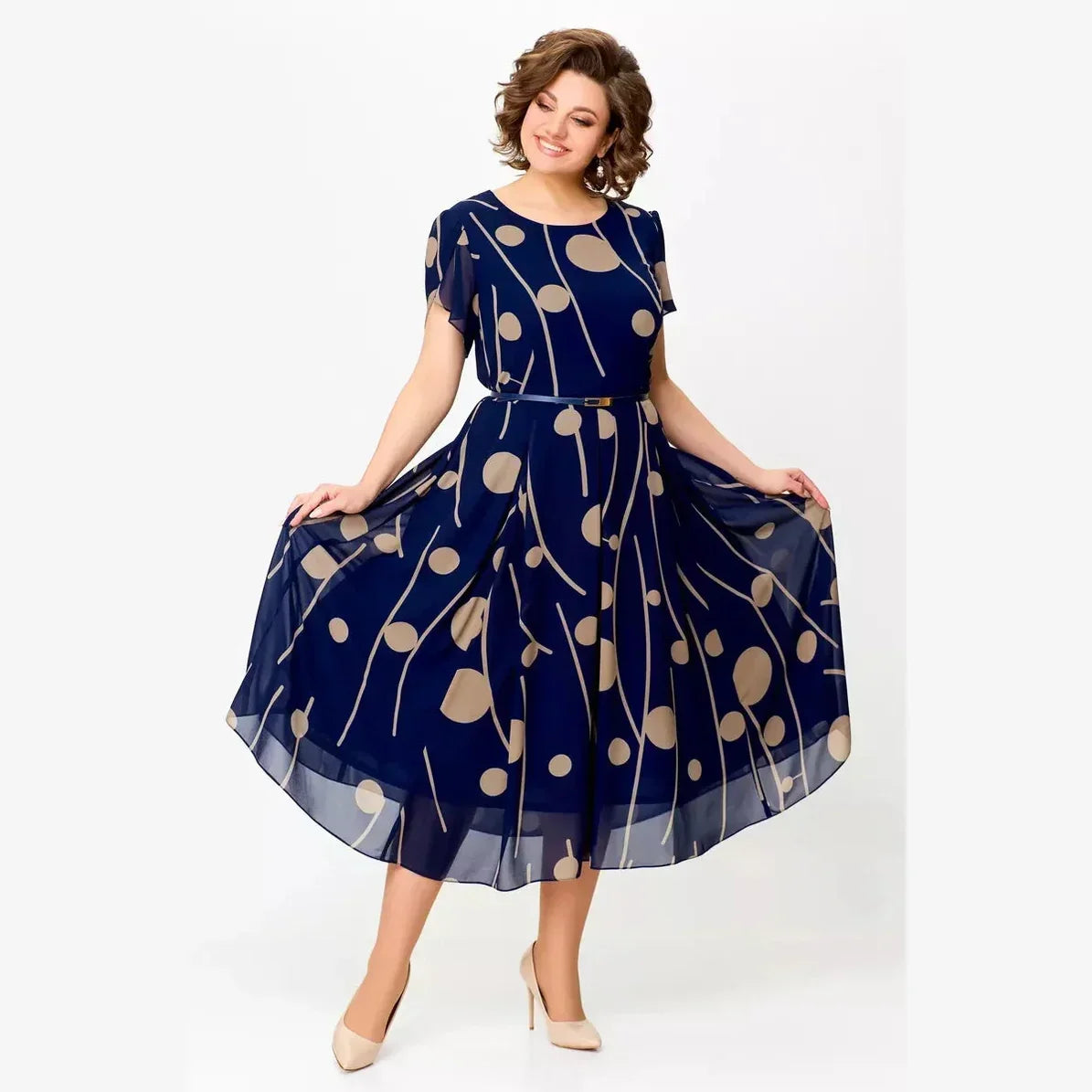 Ivy - Navy Polka Dot Print Chiffon Midi Dress