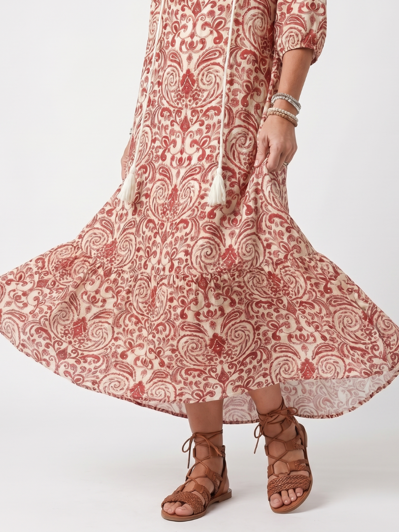Noelle - Ornate Print Tassel Tie Midi Dress