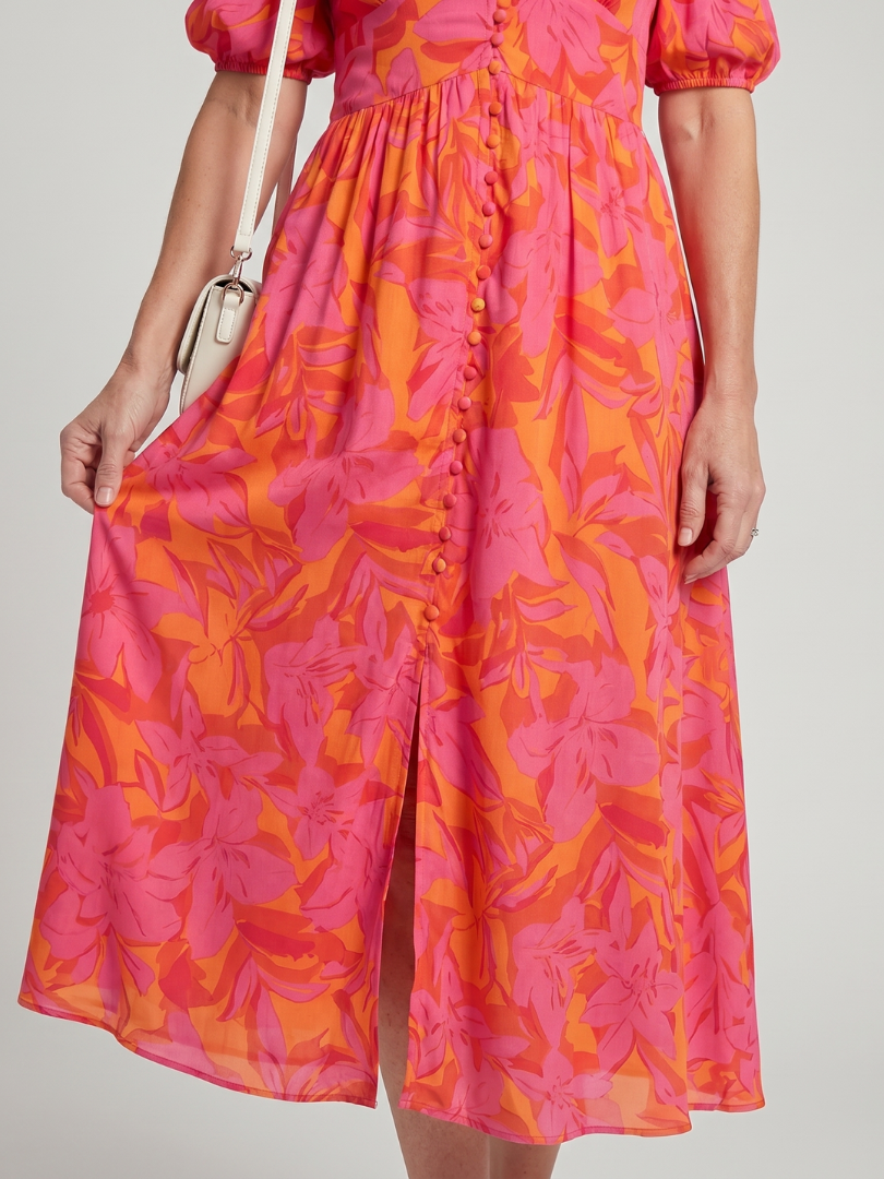Zarelle - Puff Sleeve V Neck Bold Floral Print Midi Dress