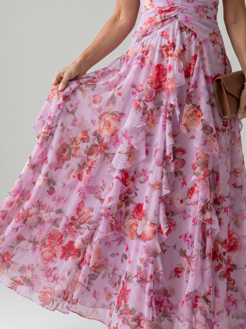 Nori - Halter Neck Ruched Bodice Floral Maxi Dress