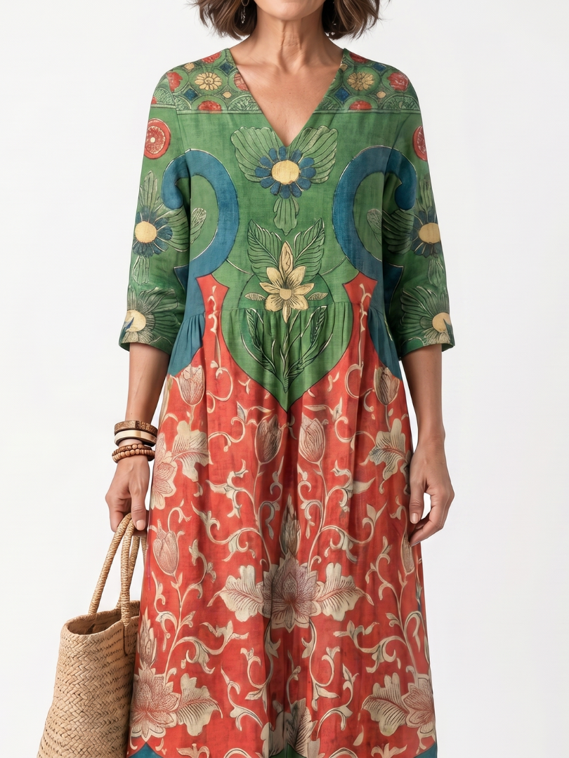 Sloane - Mixed Print V Neck Pocket Midi Dress