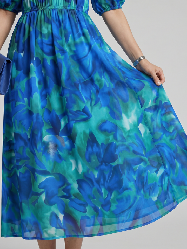 Candlia - Puff Sleeve V Neck Abstract Print Midi Dress