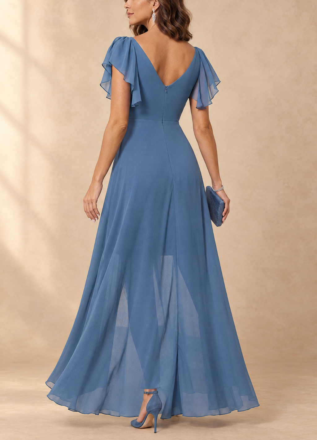 Denise - Flutter Sleeve High-Low Chiffon Maxi Dress