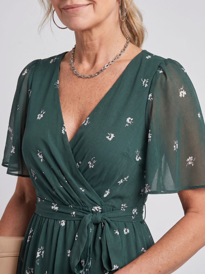 Mirabel - Flutter Sleeve Gathered Waist Floral Print Midi Dress