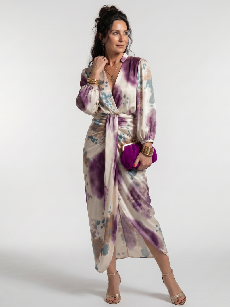 Valentina - Cross Wrap Tie Waist Printed Midi Dress