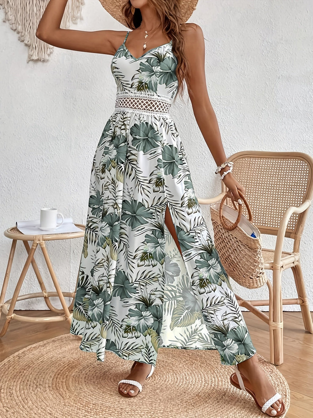 Ottilie - Tropical Print Lace Waist Maxi Dress