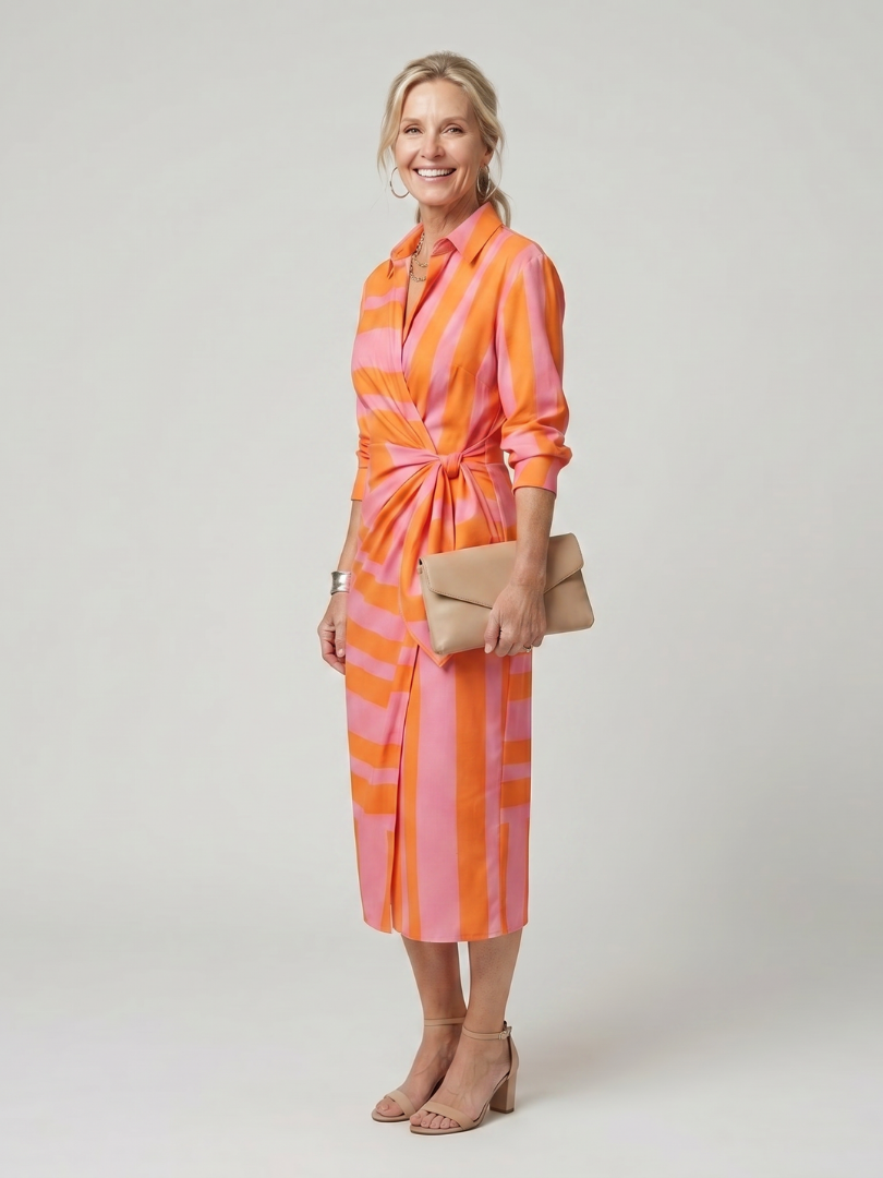 Leya - Long Sleeve Collared Wrap Stripe Pattern Midi Dress