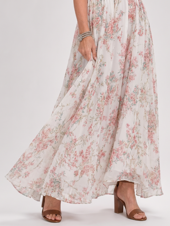 Guinevere - Floral Print Flowing Skirt Midi Dress