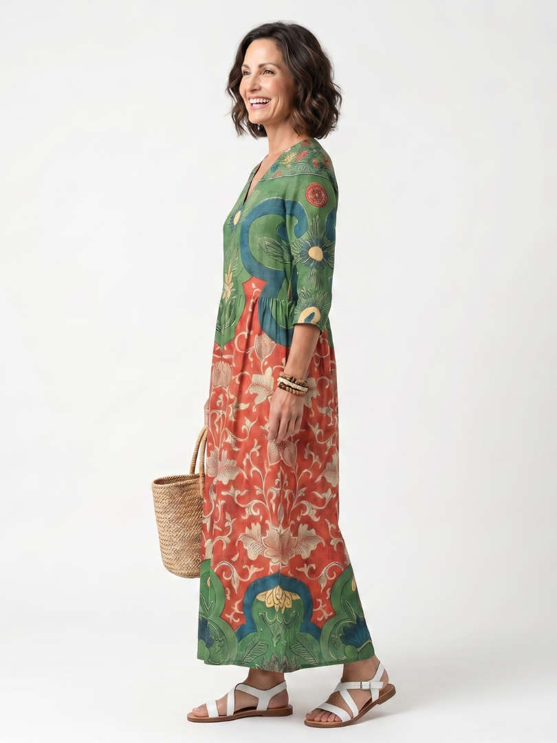 Sloane - Mixed Print V Neck Pocket Midi Dress