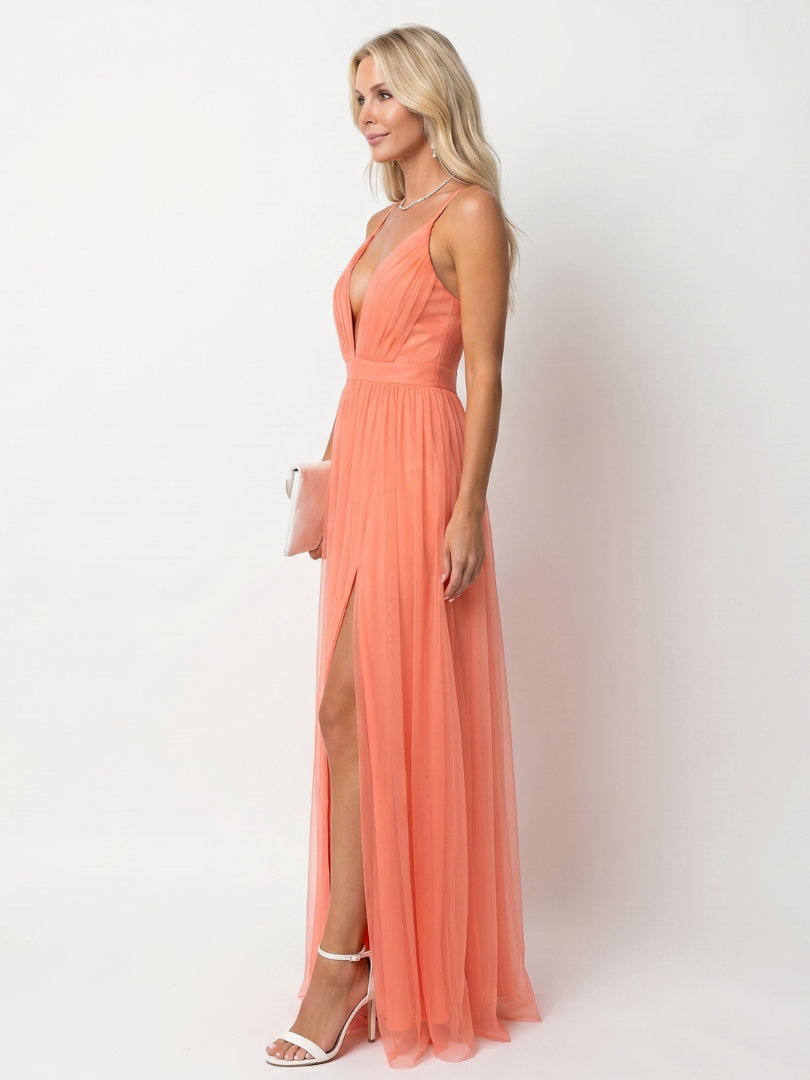 Tia - Deep V Strap Pleated Maxi Dress