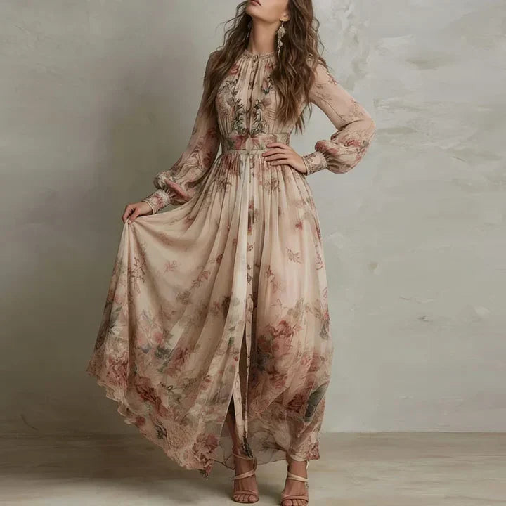 Amelia - Vintage Floral High-Waist Maxi Dress