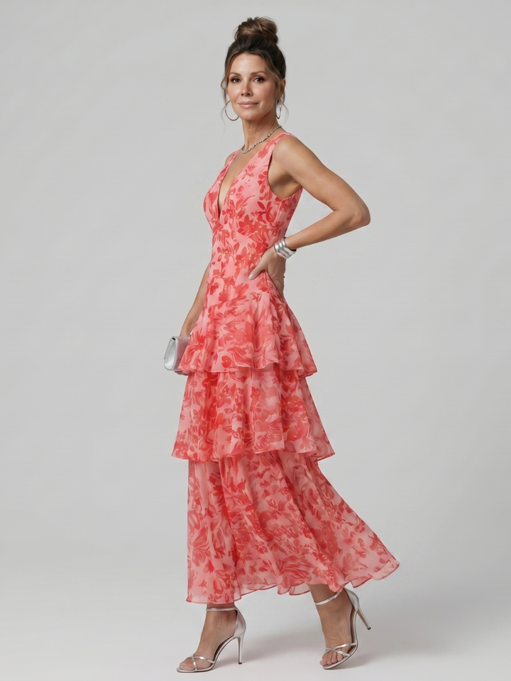 Gala - Deep V Sleeveless Painterly Pattern Midi Dress