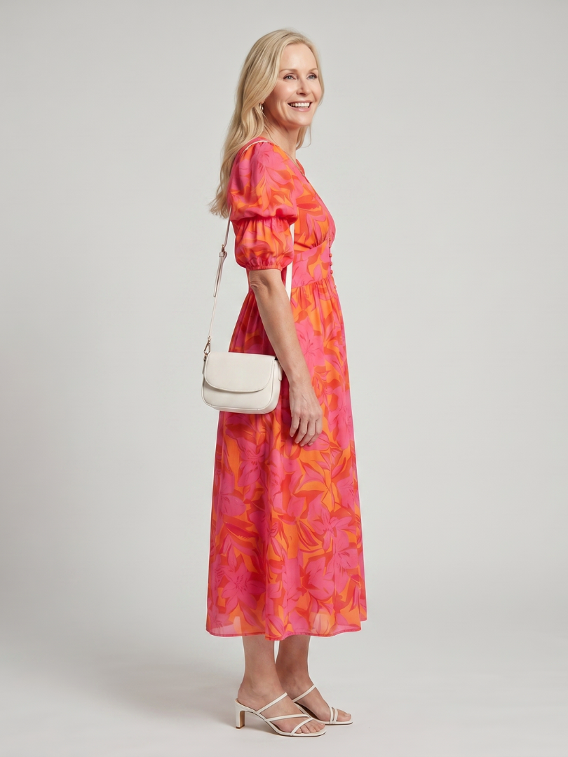 Zarelle - Puff Sleeve V Neck Bold Floral Print Midi Dress