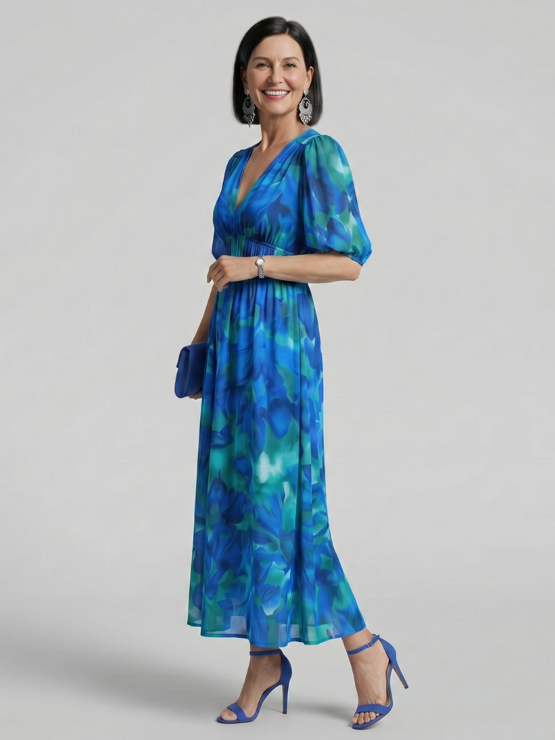 Candlia - Puff Sleeve V Neck Abstract Print Midi Dress