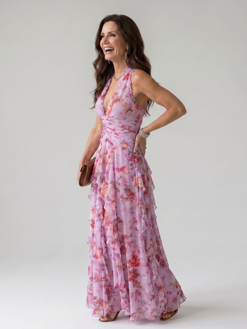 Nori - Halter Neck Ruched Bodice Floral Maxi Dress