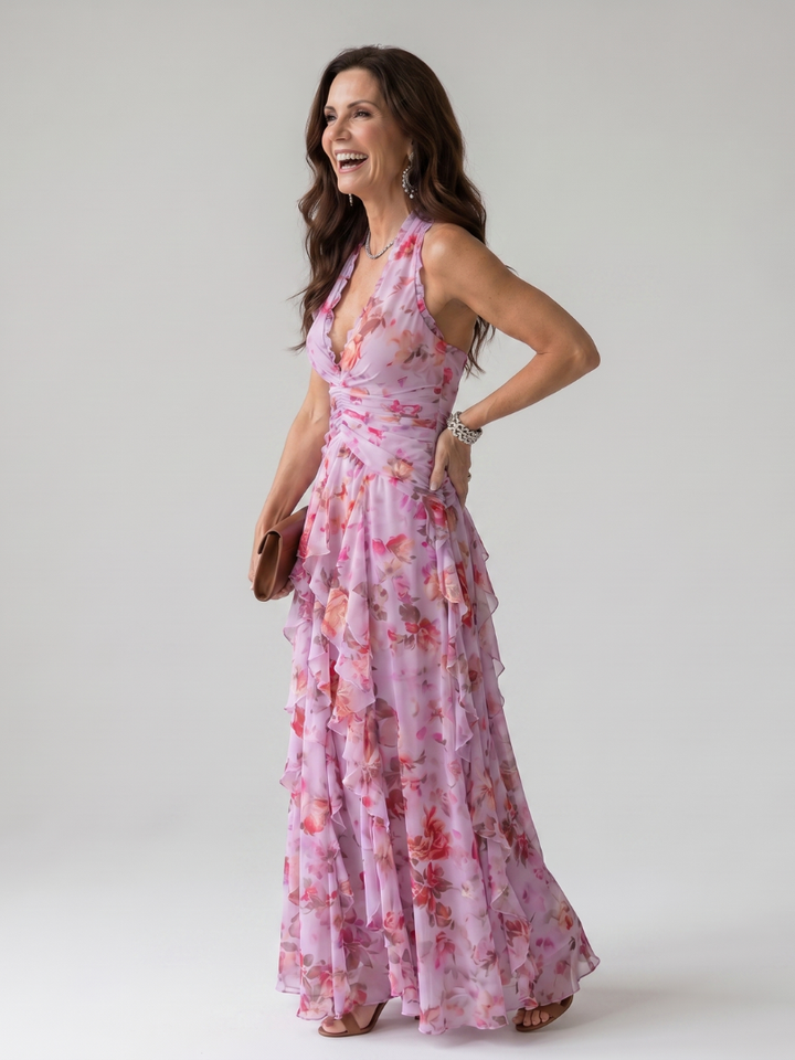 Nori - Halter Neck Ruched Bodice Floral Maxi Dress