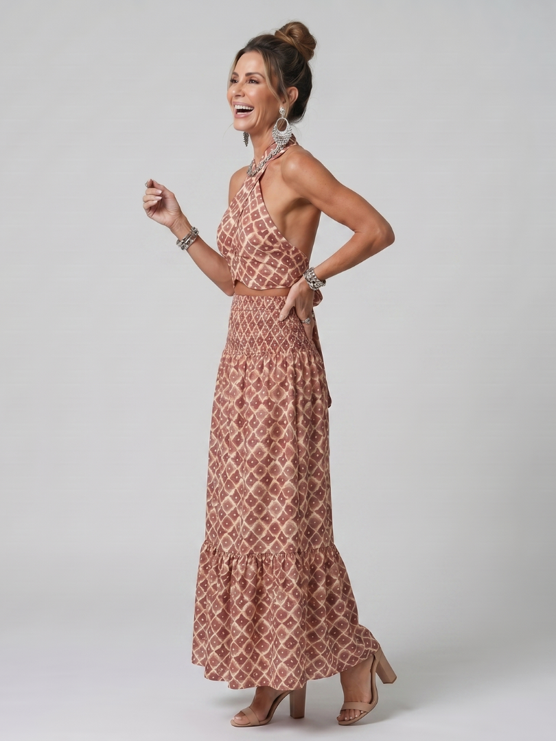 Amira - Cross Halter Geometric Print Cutout Midi Dress