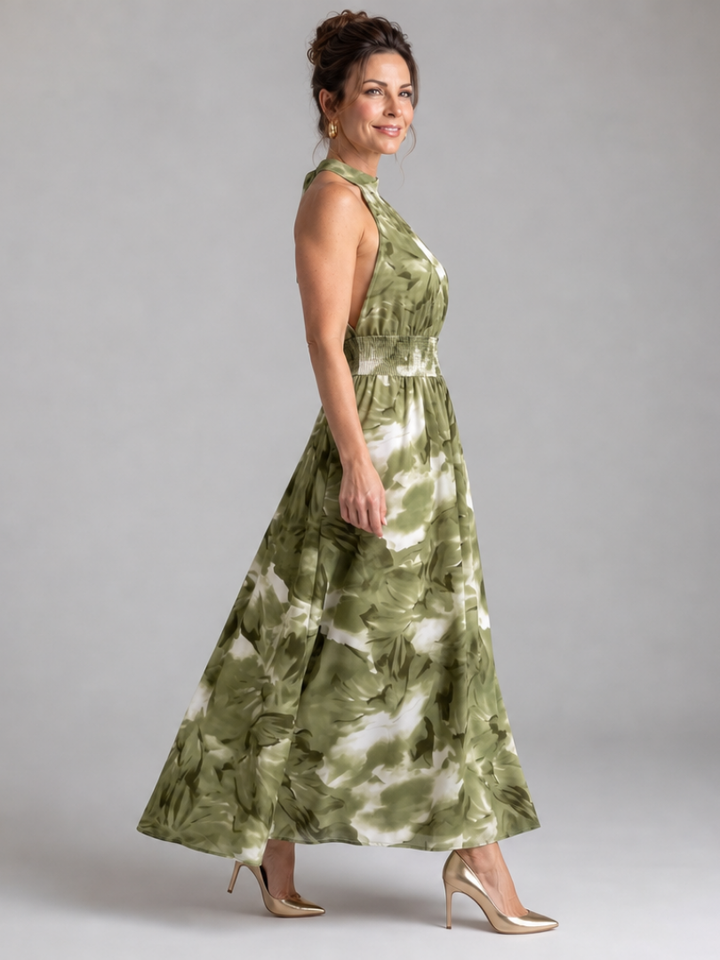 Olivia - Gathered Waist Abstract Print Midi Dress