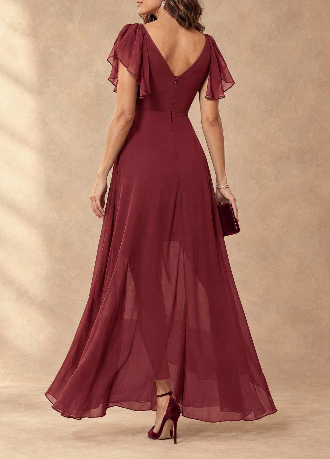Denise - Flutter Sleeve High-Low Chiffon Maxi Dress