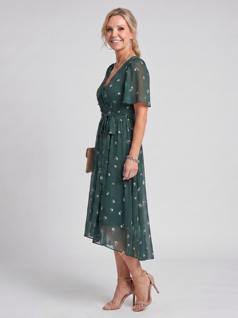 Mirabel - Flutter Sleeve Gathered Waist Floral Print Midi Dress