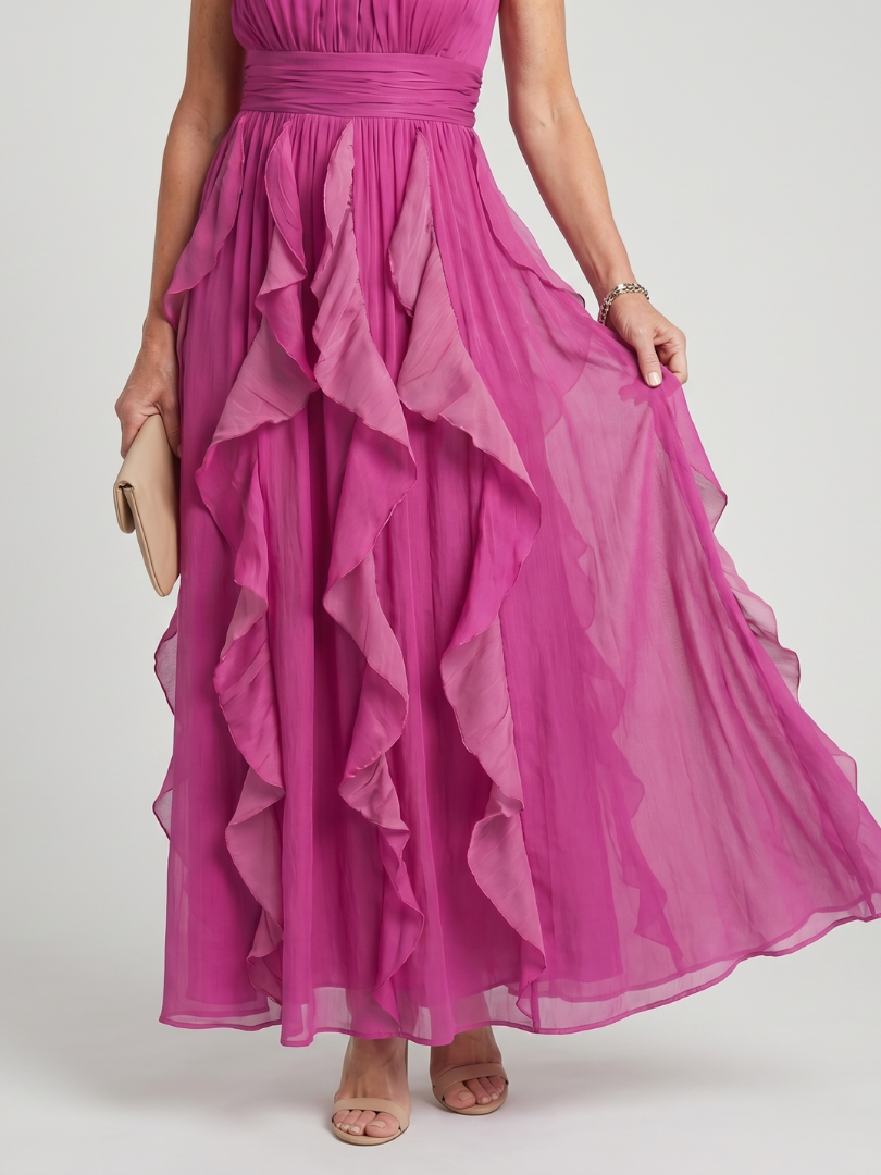 Orea - High Neck Gathered Ruffle Layers Maxi Dress