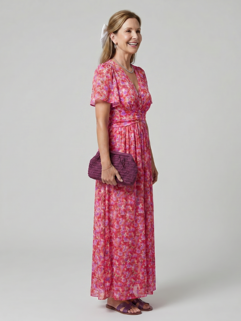 Juna - Short Sleeve Ditsy Floral Print Midi Dress
