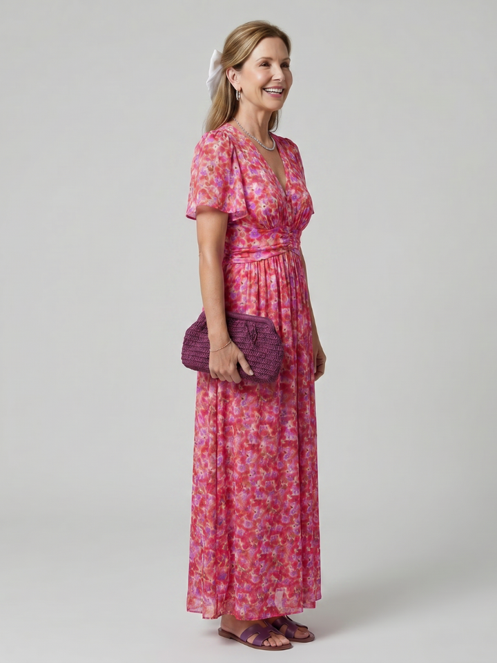 Juna - Short Sleeve Ditsy Floral Print Midi Dress
