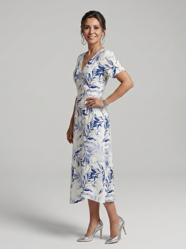 Kael - V Neck Soft Botanical Print Midi Dress