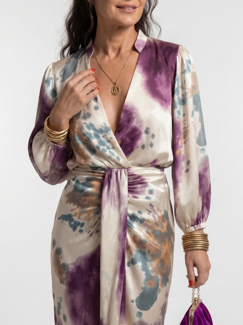 Valentina - Cross Wrap Tie Waist Printed Midi Dress