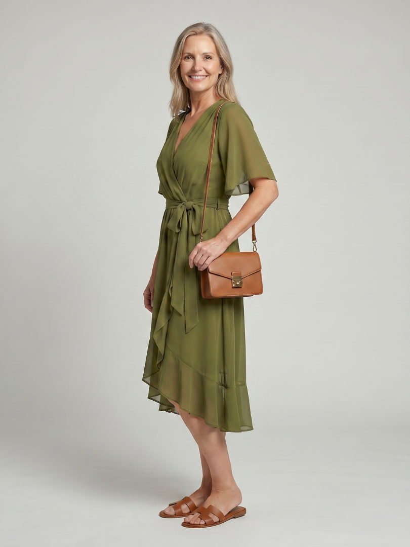 Keziah - Short Sleeve Wrap Soft Flowing Hem Midi Dress