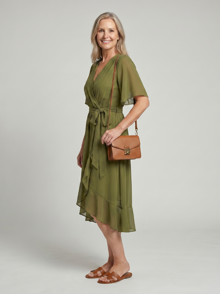 Keziah - Short Sleeve Wrap Soft Flowing Hem Midi Dress
