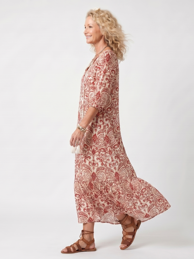 Noelle - Ornate Print Tassel Tie Midi Dress