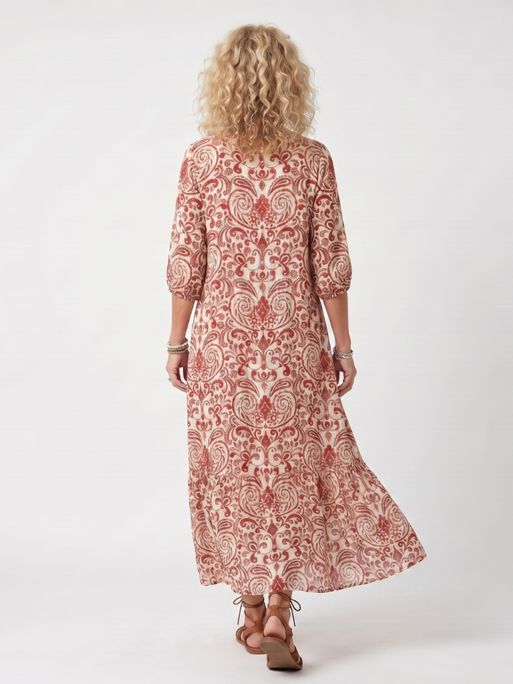 Noelle - Ornate Print Tassel Tie Midi Dress