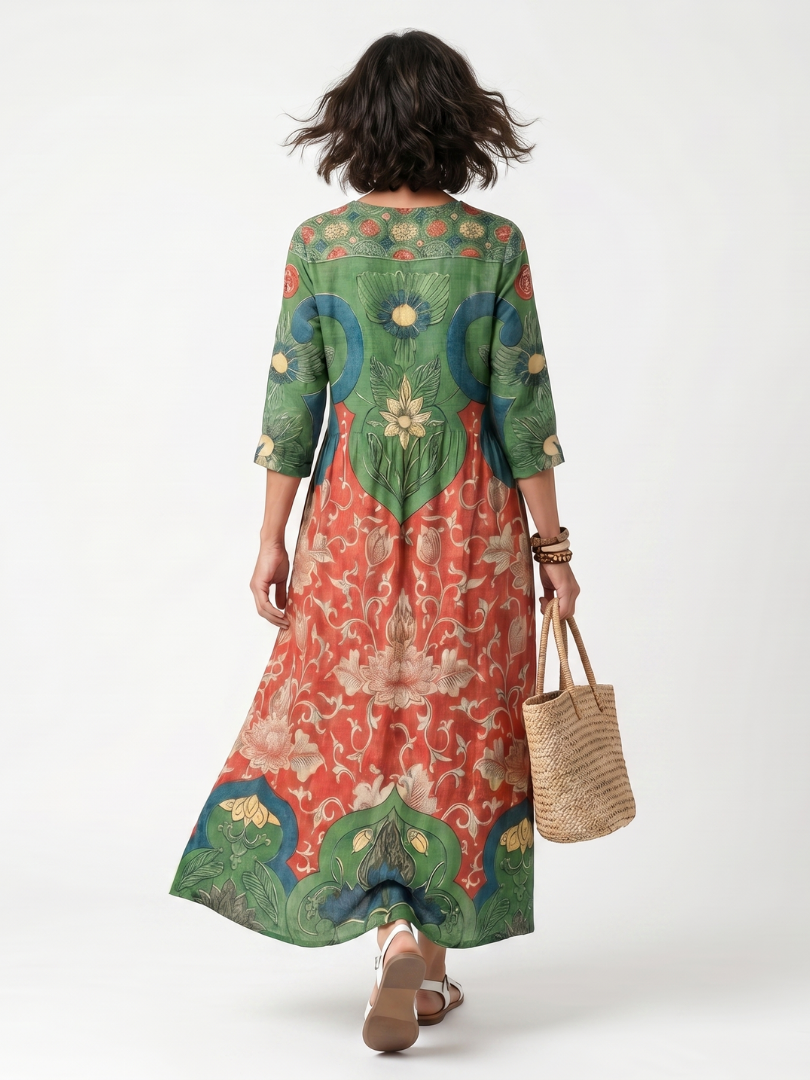 Sloane - Mixed Print V Neck Pocket Midi Dress