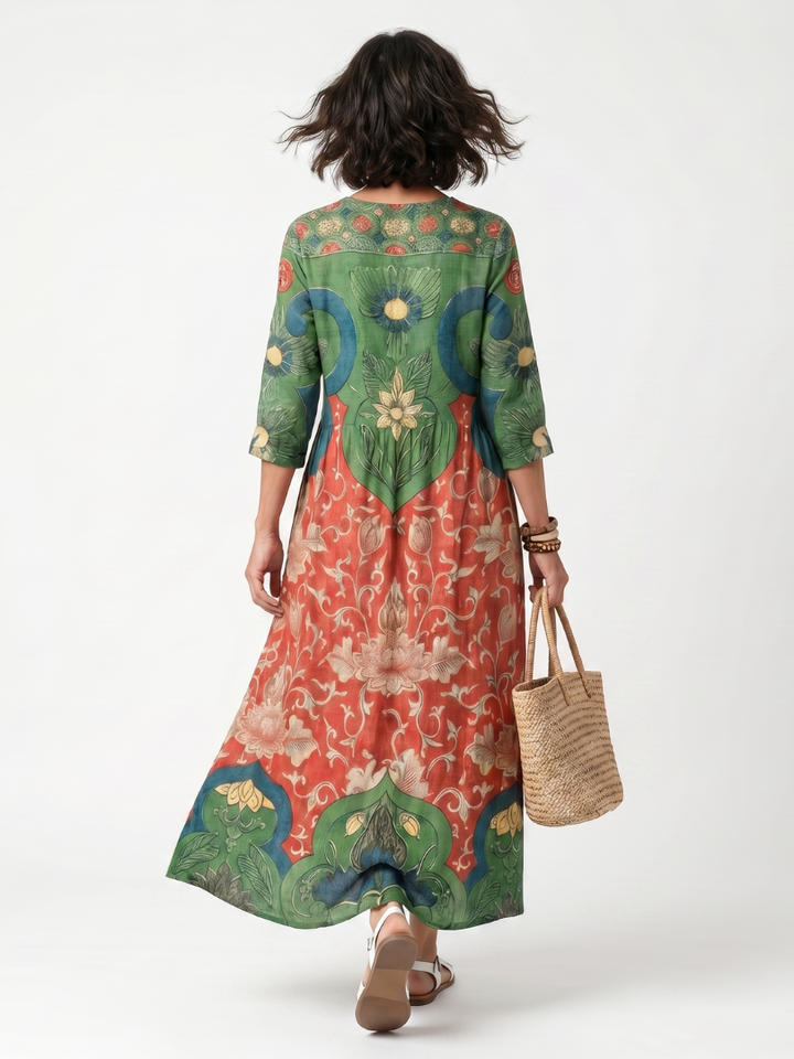 Sloane - Mixed Print V Neck Pocket Midi Dress