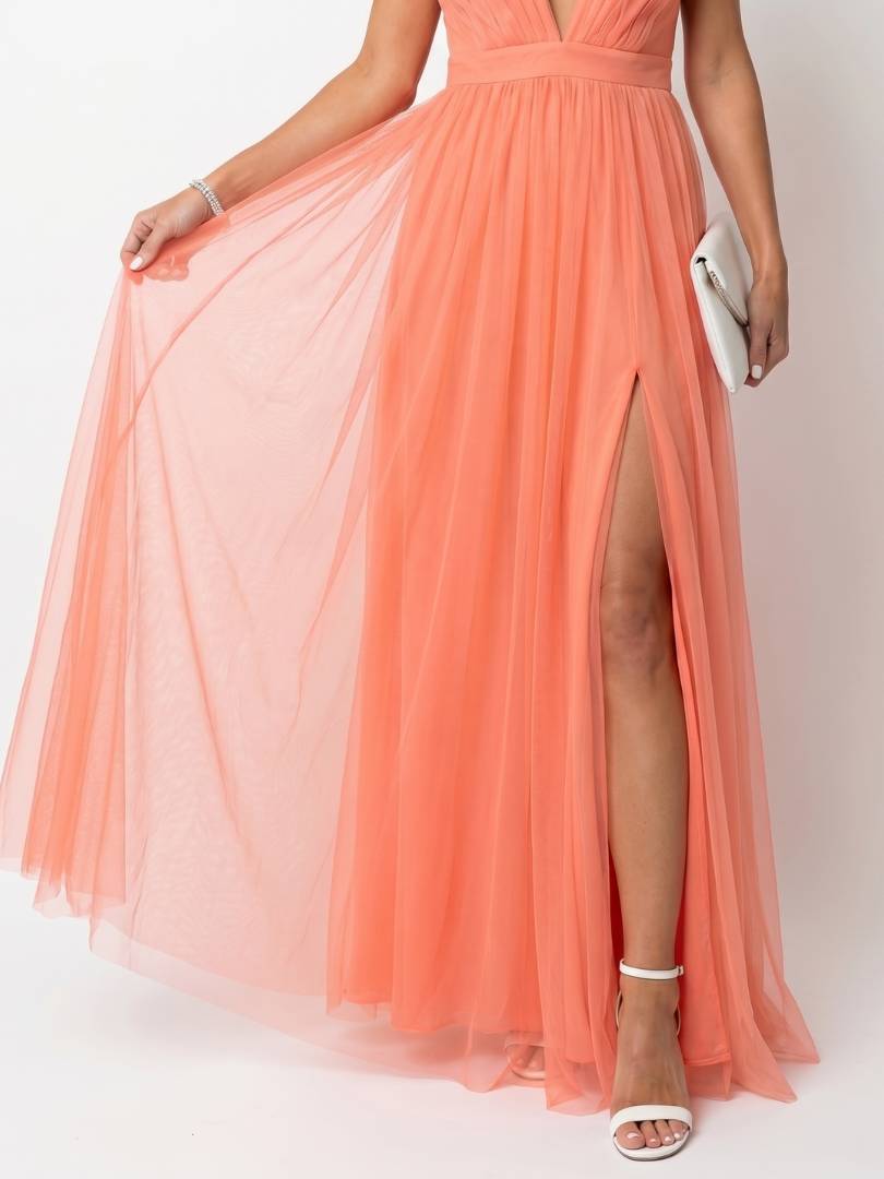 Tia - Deep V Strap Pleated Maxi Dress