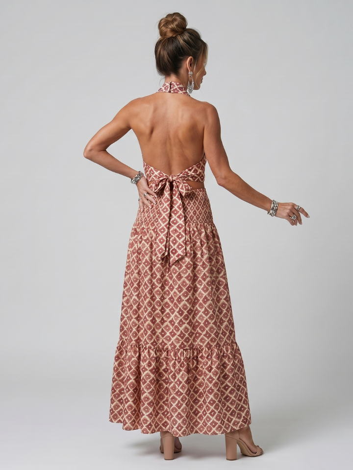 Olivia - Cross Halter Geometric Print Cutout Midi Dress