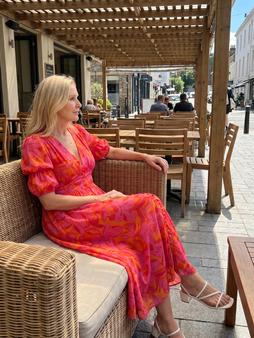 Zarelle - Puff Sleeve V Neck Bold Floral Print Midi Dress