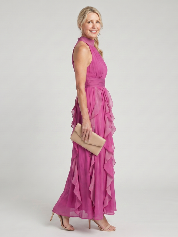 Orea - High Neck Gathered Ruffle Layers Maxi Dress