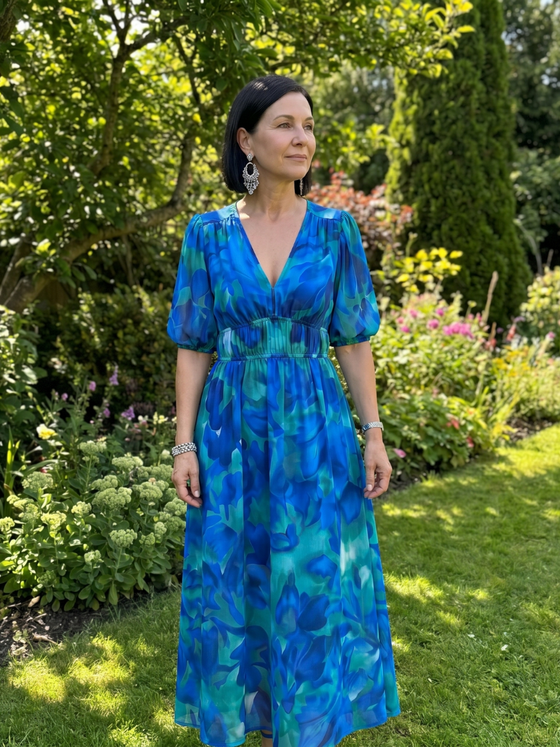Candlia - Puff Sleeve V Neck Abstract Print Midi Dress