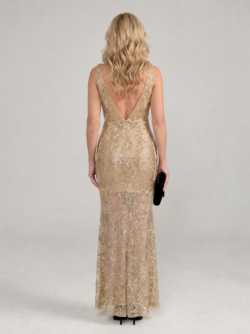 Sirea - Sequin Sleeveless Sheer Panel Midi Dress