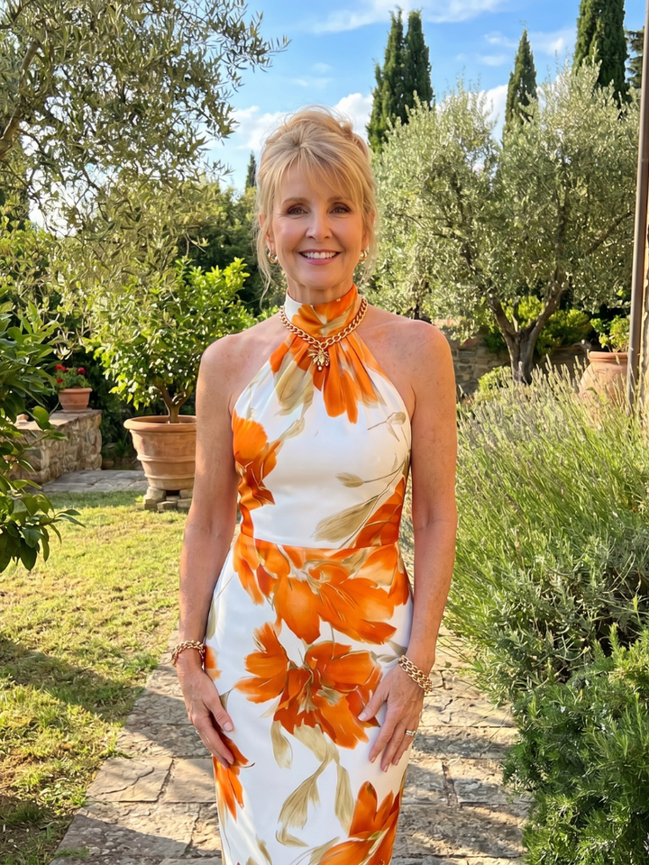 Zinnara - Halter Neck Floral Print Midi Dress